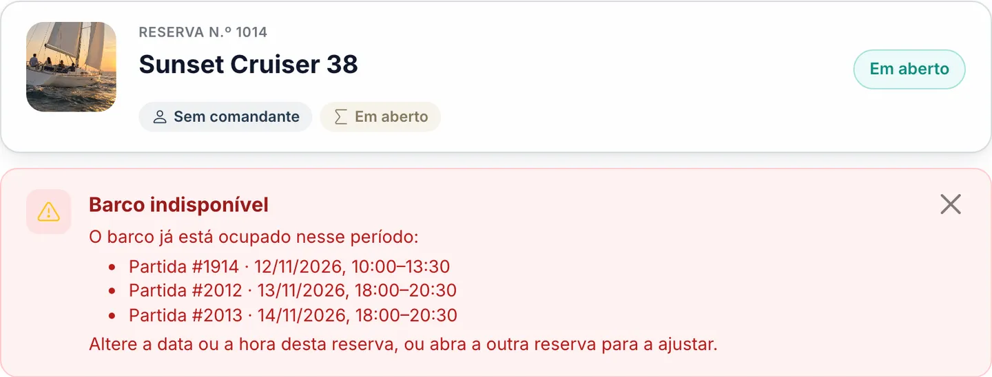 Reserva n.º 1014, um pedido em aberto, com o aviso de conflito: o barco já está ocupado neste período por três partidas — alterar a data ou a hora, ou abrir a outra reserva