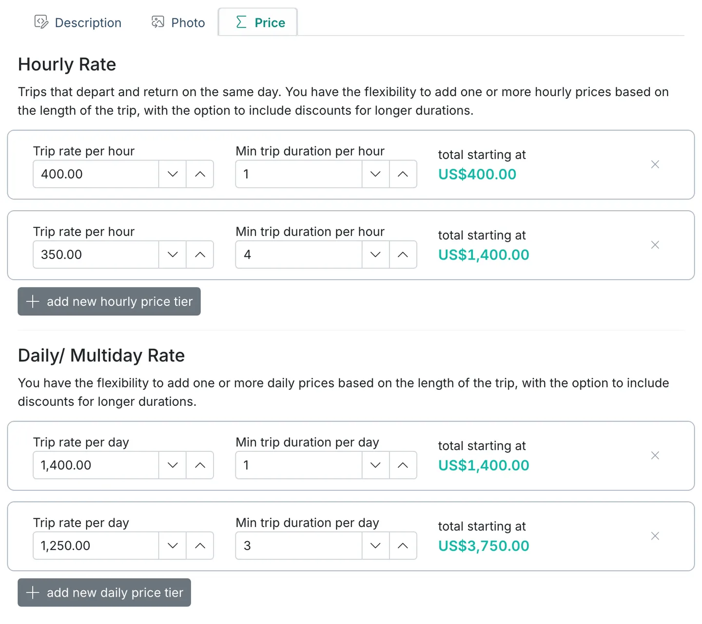 Marencia boat settings, price tab: two hourly price tiers and two daily price tiers, each with a minimum trip duration and the total it starts at