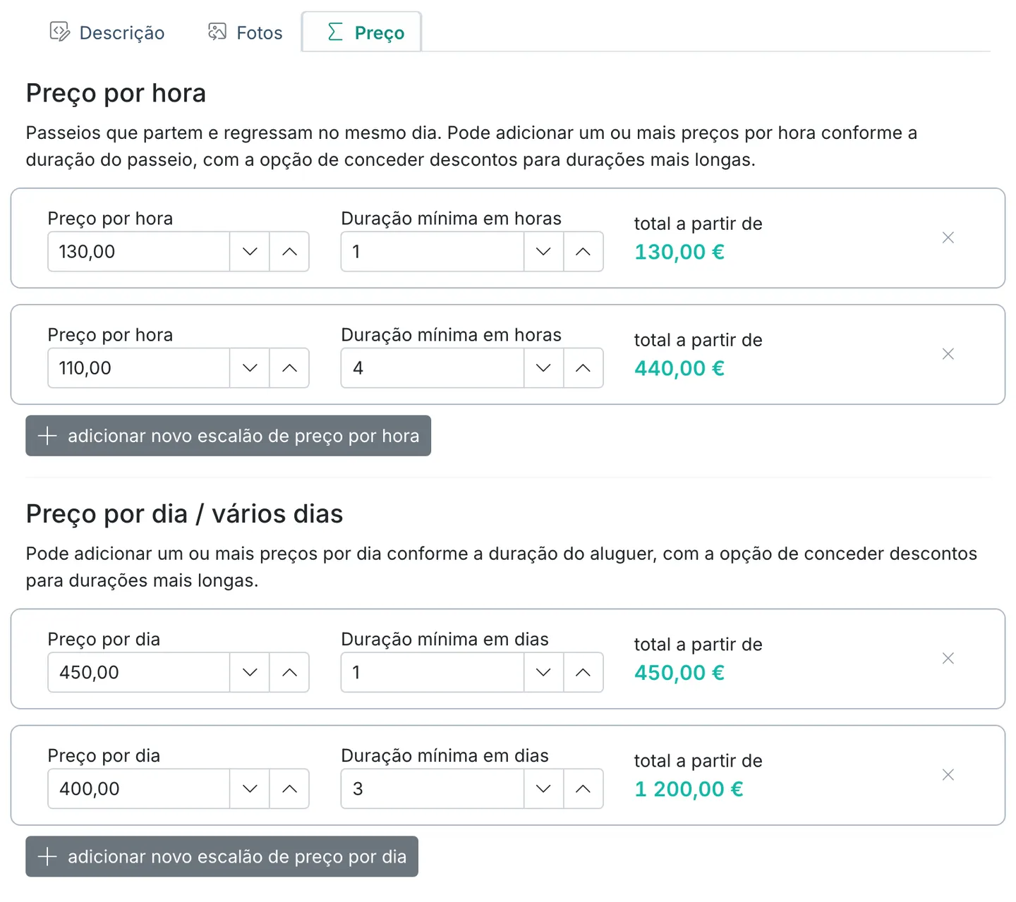 Definições de barco no Marencia, separador de preços: dois escalões à hora e dois ao dia, cada um com duração mínima e o valor a partir do qual se aplica