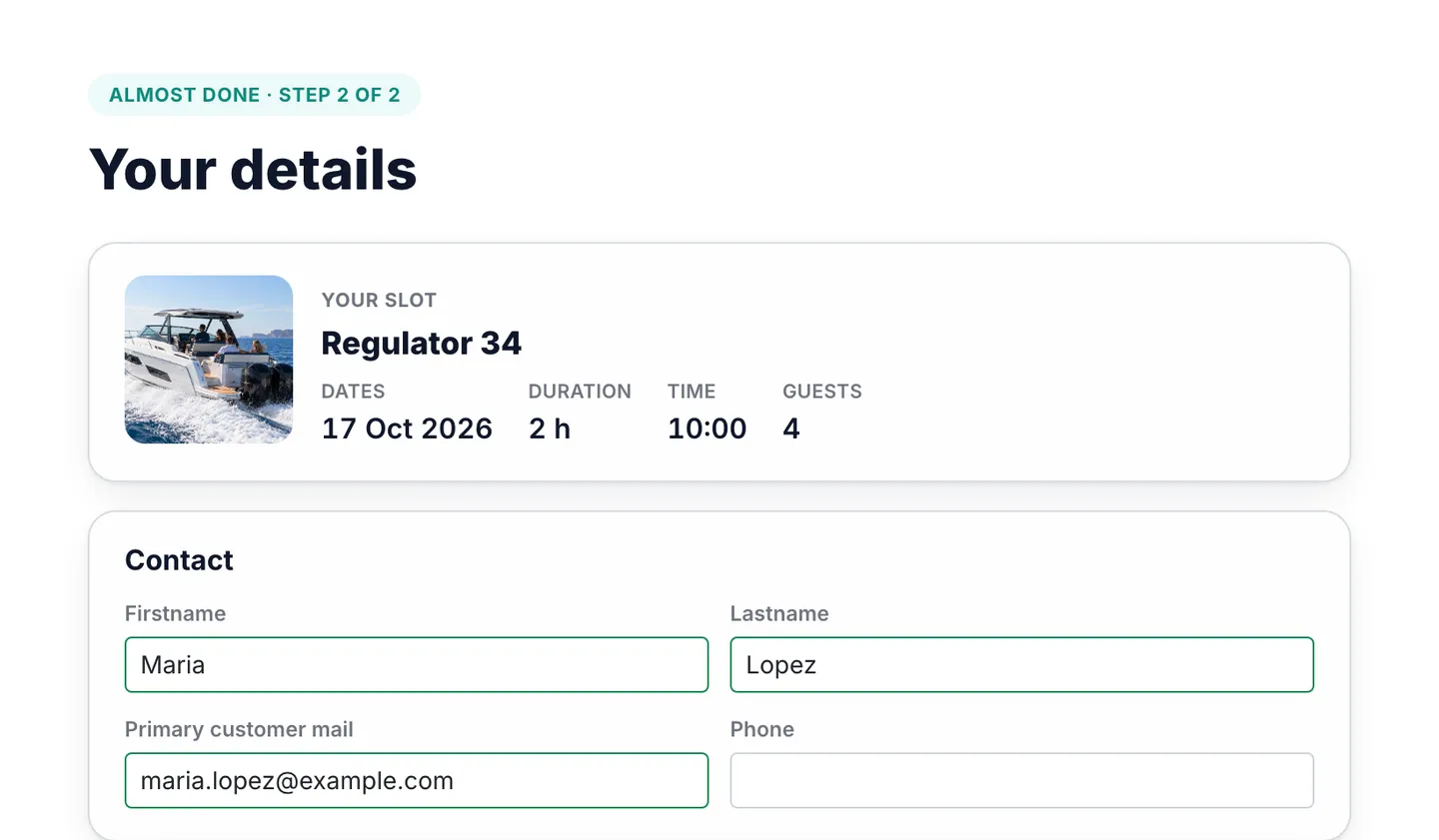 Request form on the operator’s booking page: Regulator 34, 17 October, 2 hours from 10:00, 4 guests, with the customer’s contact details being filled in