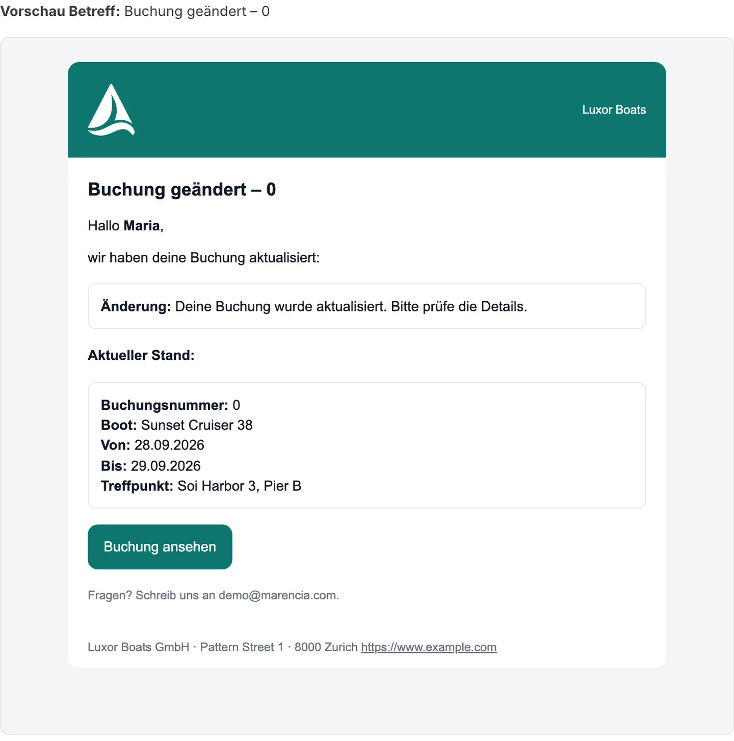 Eine Buchungsbestätigungs-E-Mail in Ihrem eigenen Branding, nicht dem eines Marktplatzes