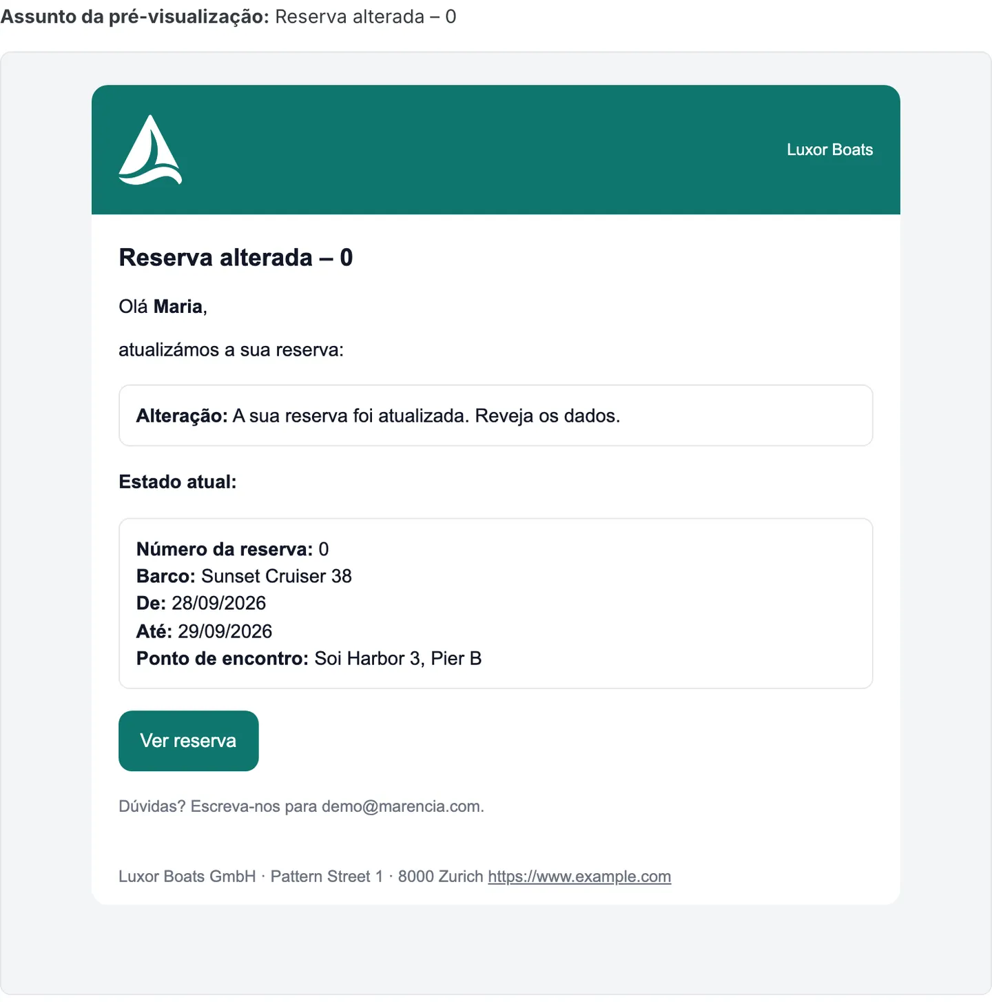 Um e-mail de confirmação de reserva com a sua própria marca, não a de um marketplace