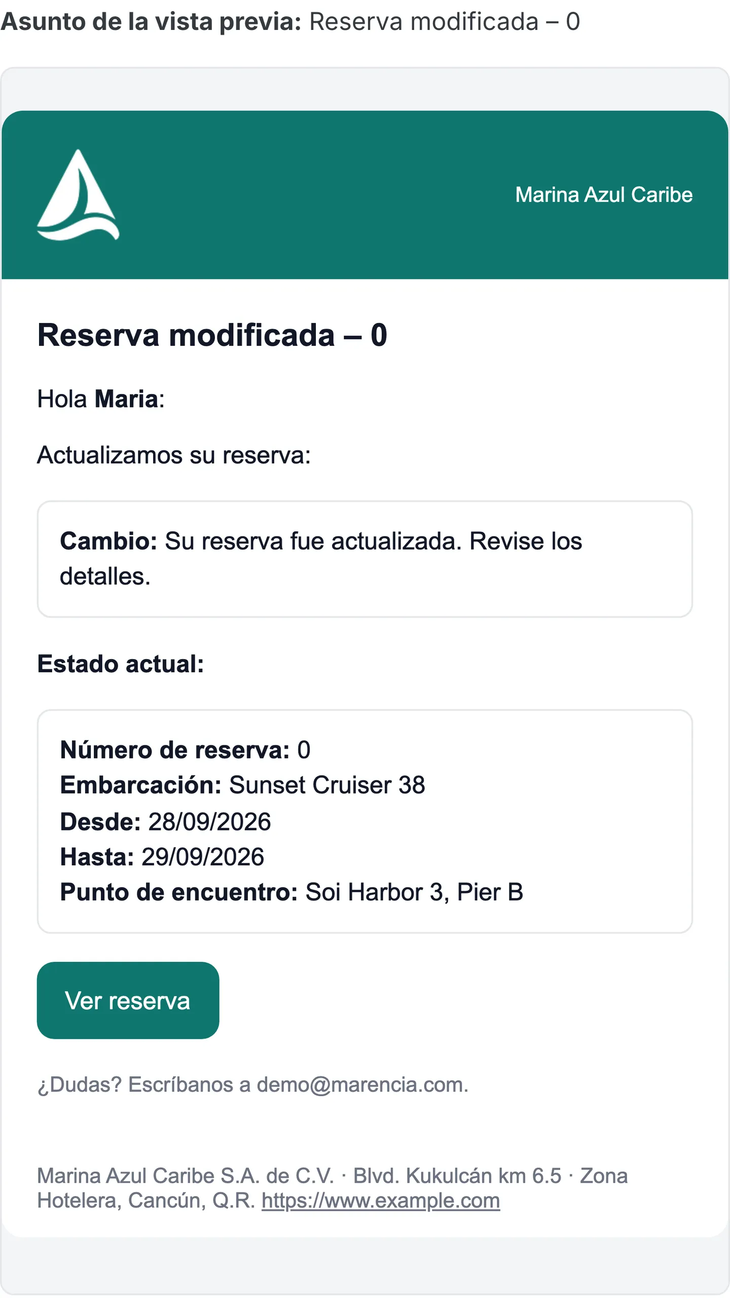Vista previa del correo de confirmación