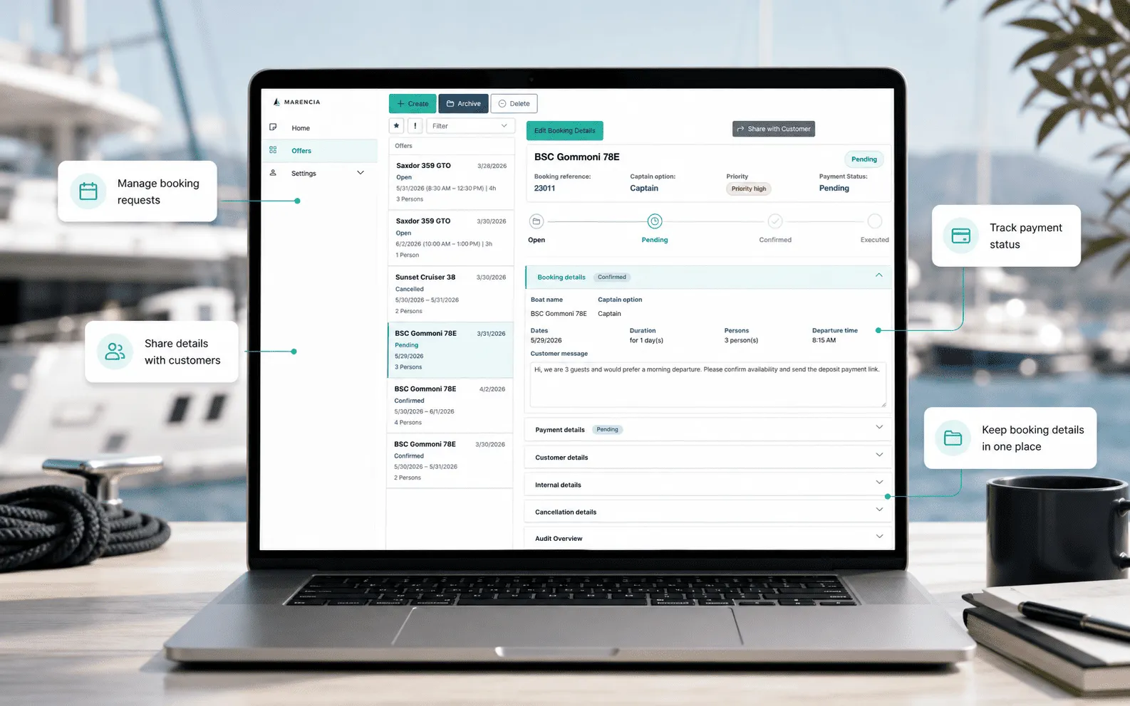 Marencia booking dashboard on a laptop — manage requests, track payments and share booking details with customers