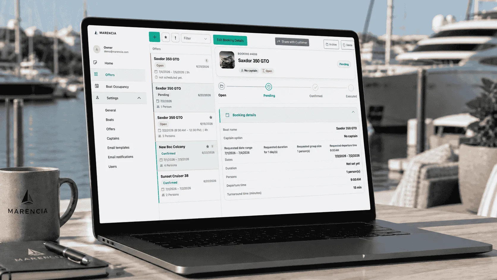 Marencia booking dashboard — manage charter requests, payments and availability in one workflow