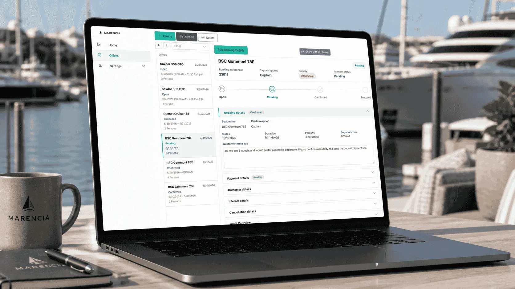 Marencia booking dashboard — manage charter requests, payments and availability in one workflow