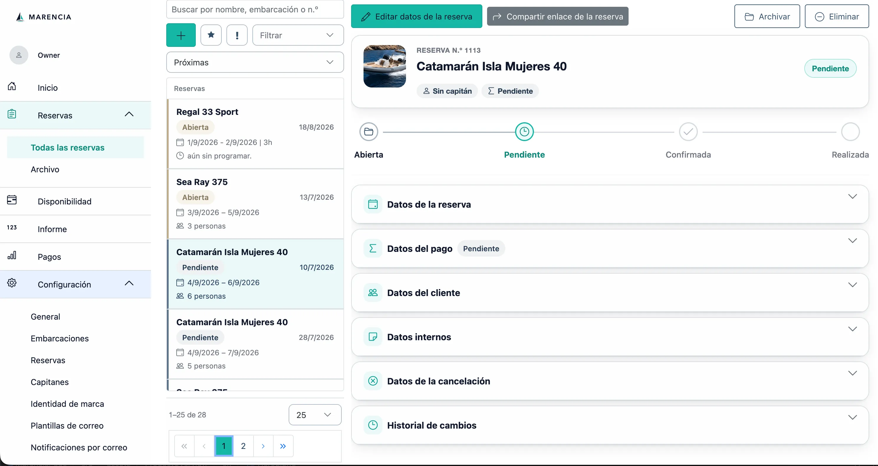 Vista general del backoffice de Marencia