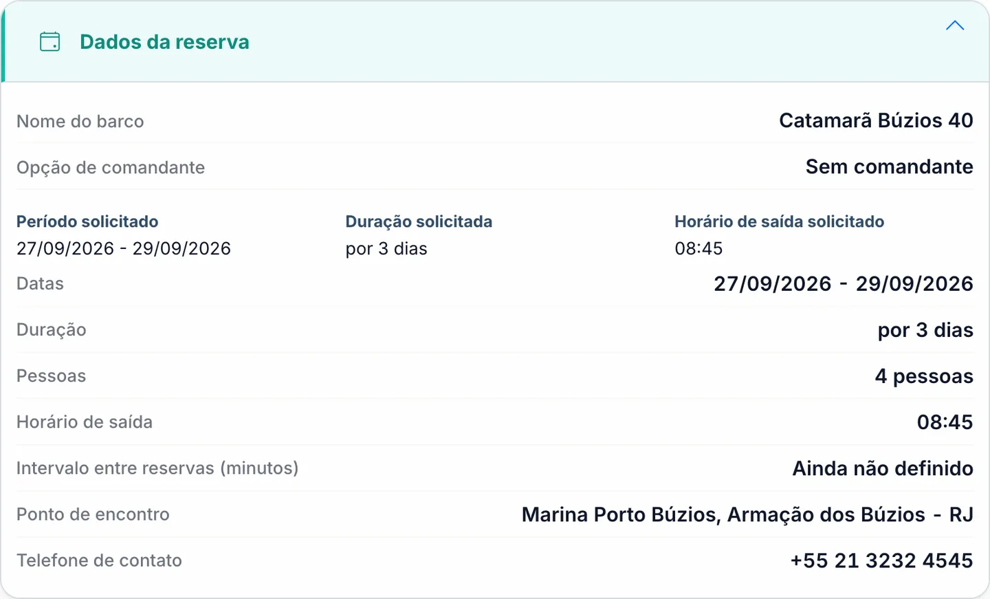 Registro com os detalhes da reserva