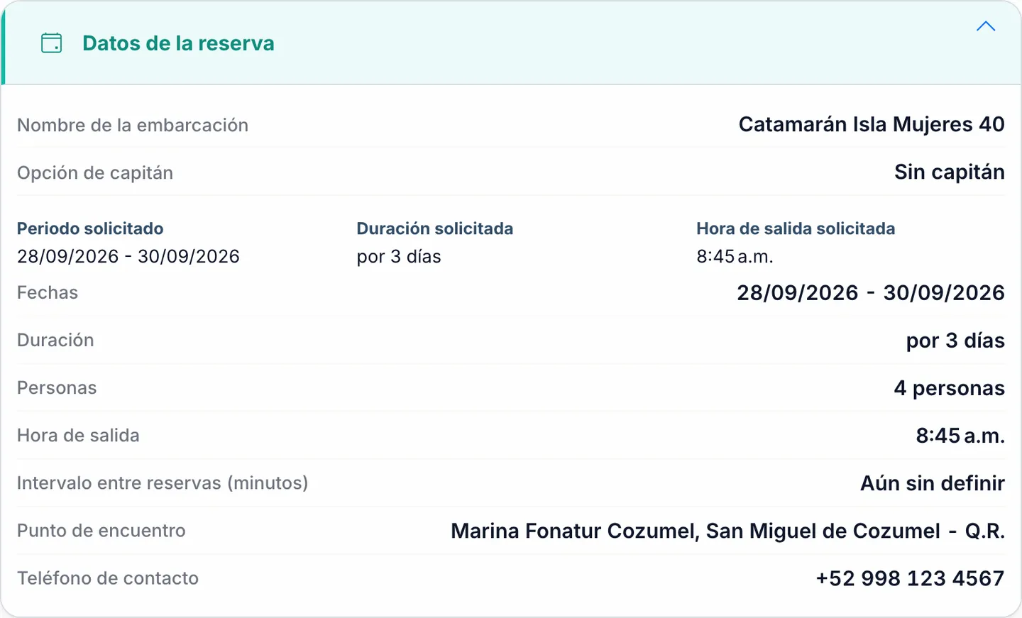 Registro de detalle de la reserva