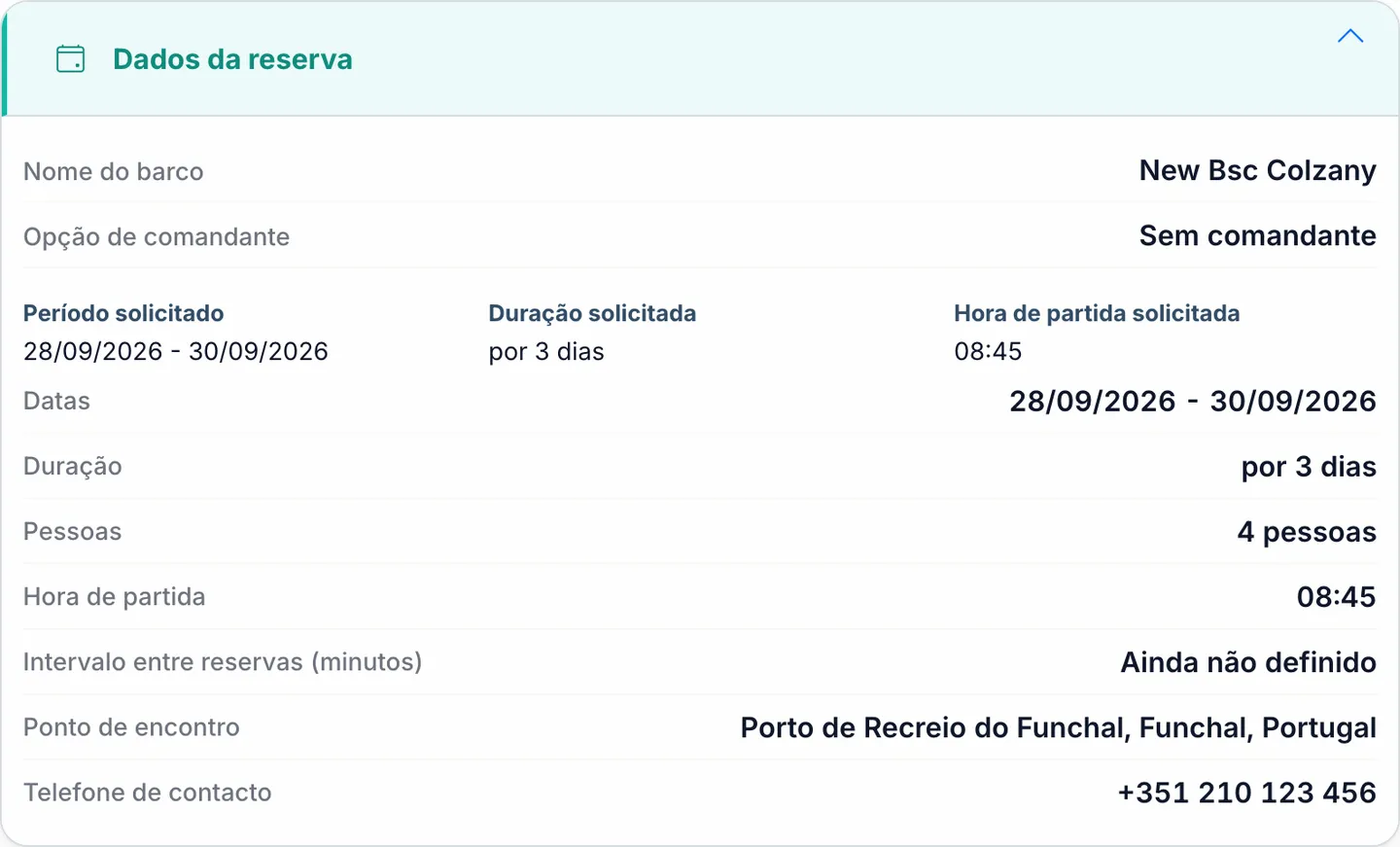 Registo de detalhes da reserva