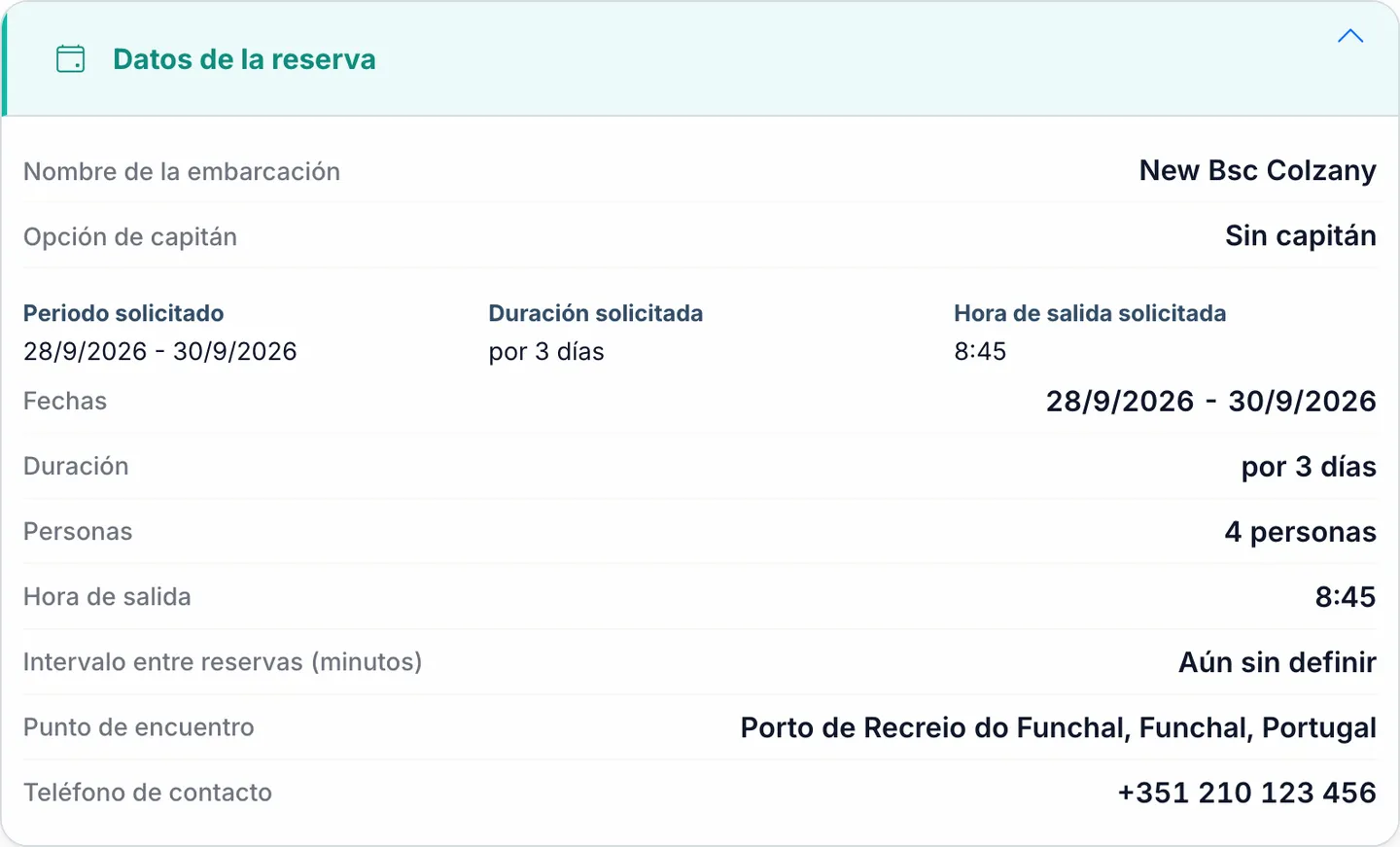 Registro de detalle de la reserva