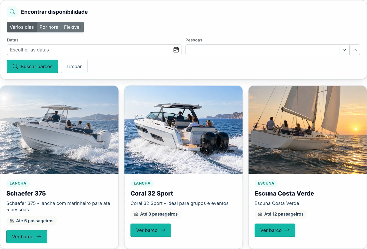 Página de reserva vista pelo cliente, com suas próprias embarcações