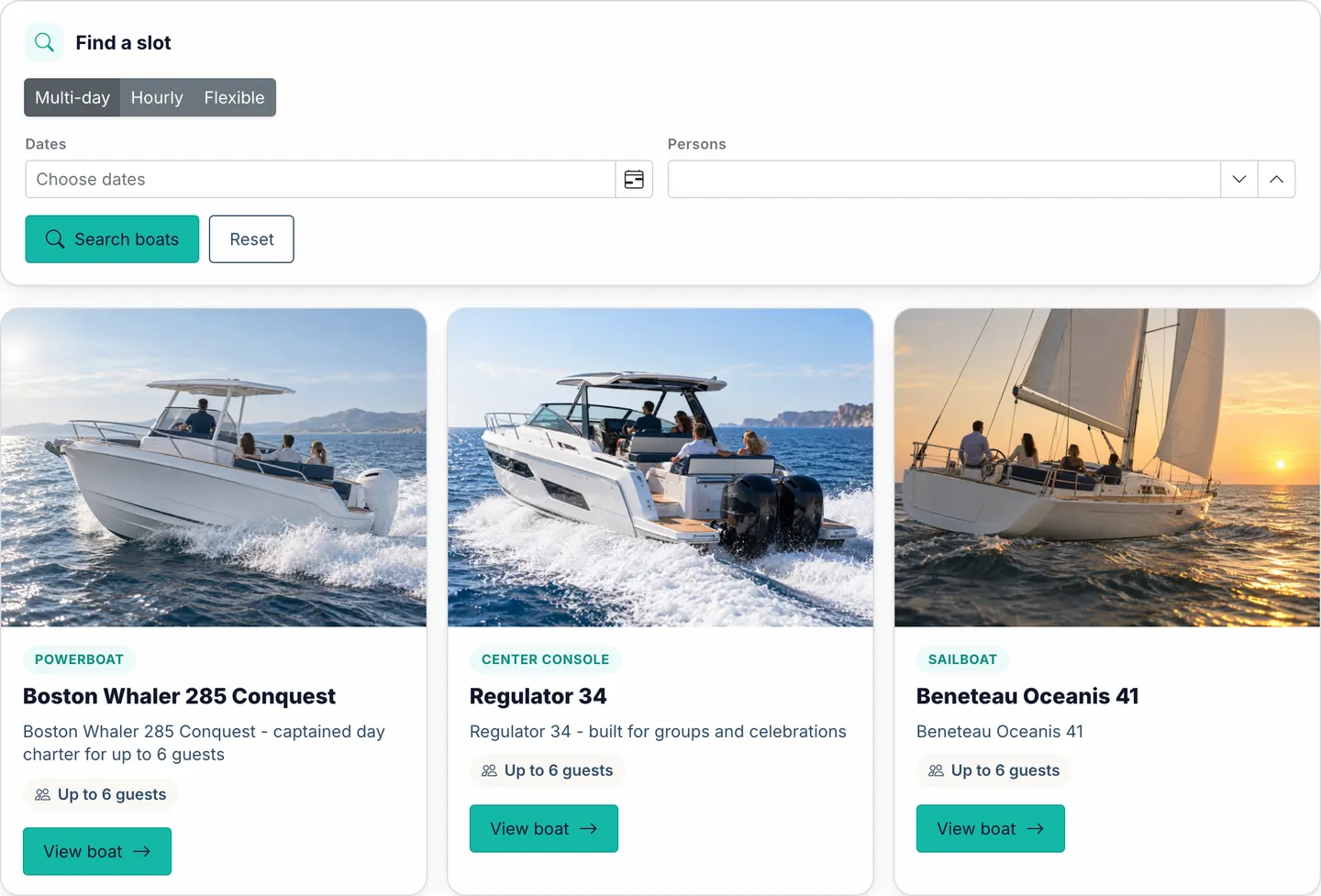 Customer-facing booking view with your own boats