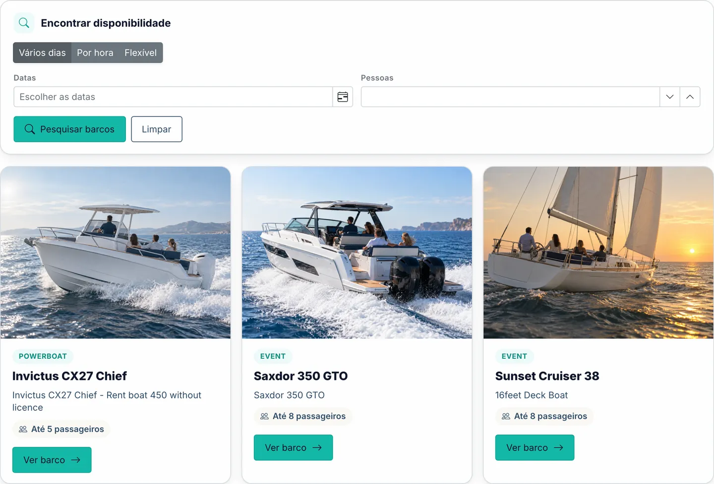 Vista de reserva para clientes com os seus próprios barcos
