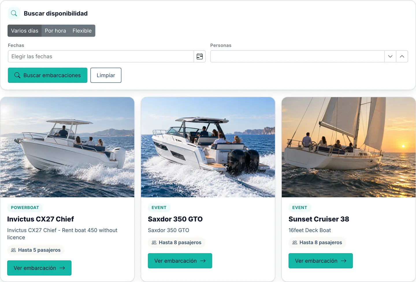 Vista de reserva orientada al cliente con sus propios barcos