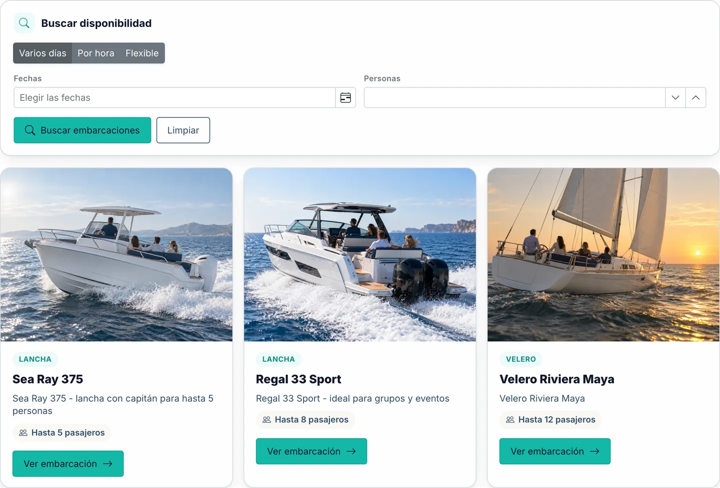 Vista de reserva orientada al cliente con sus propios barcos