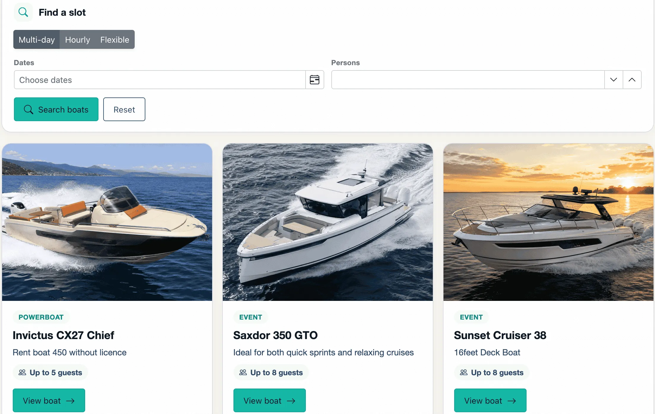 Customer-facing booking view with your own boats