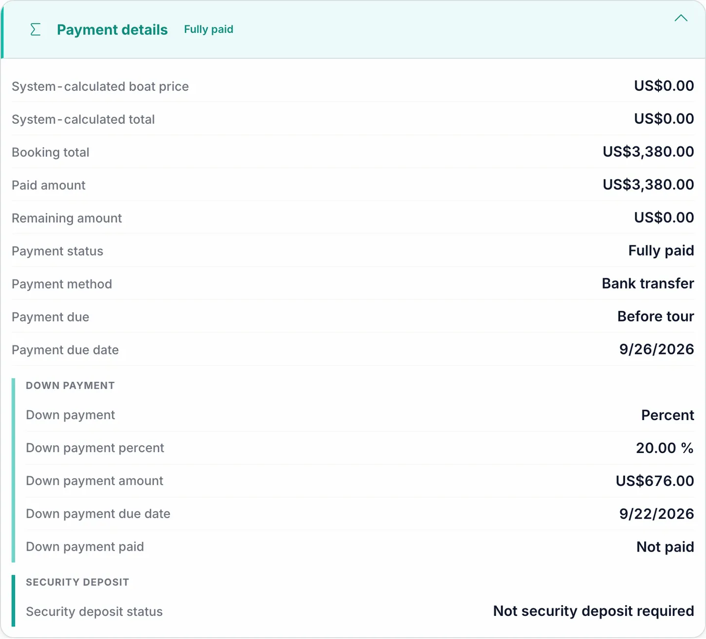 Down payment and payment tracking for a booking in Marencia