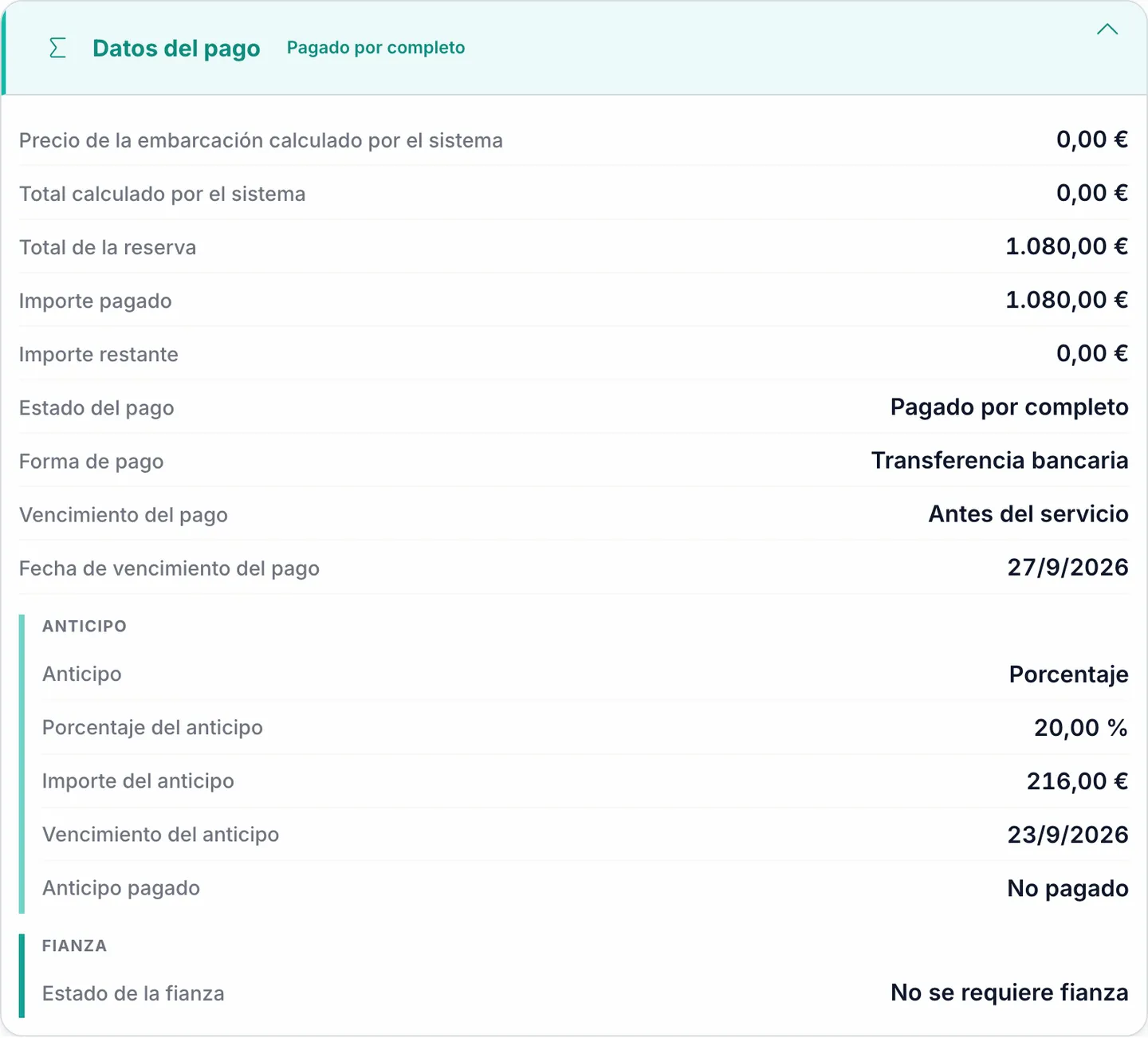 Seguimiento de anticipos y pagos de una reserva en Marencia