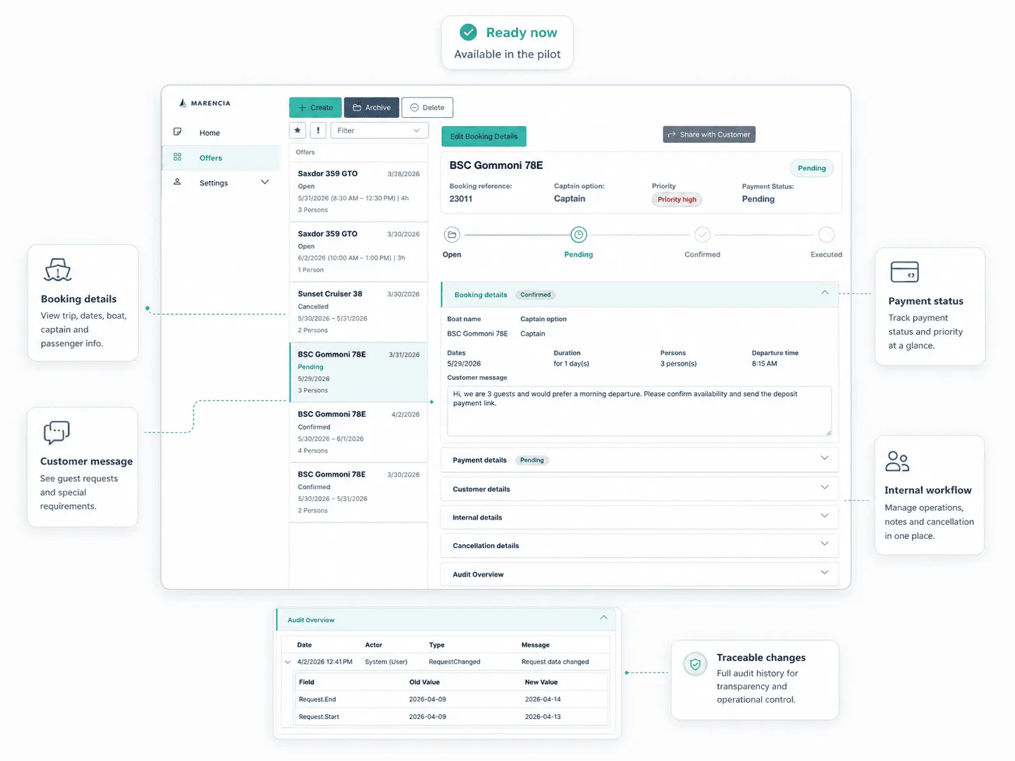 Marencia pilot dashboard — payment status, internal workflow and traceable booking changes