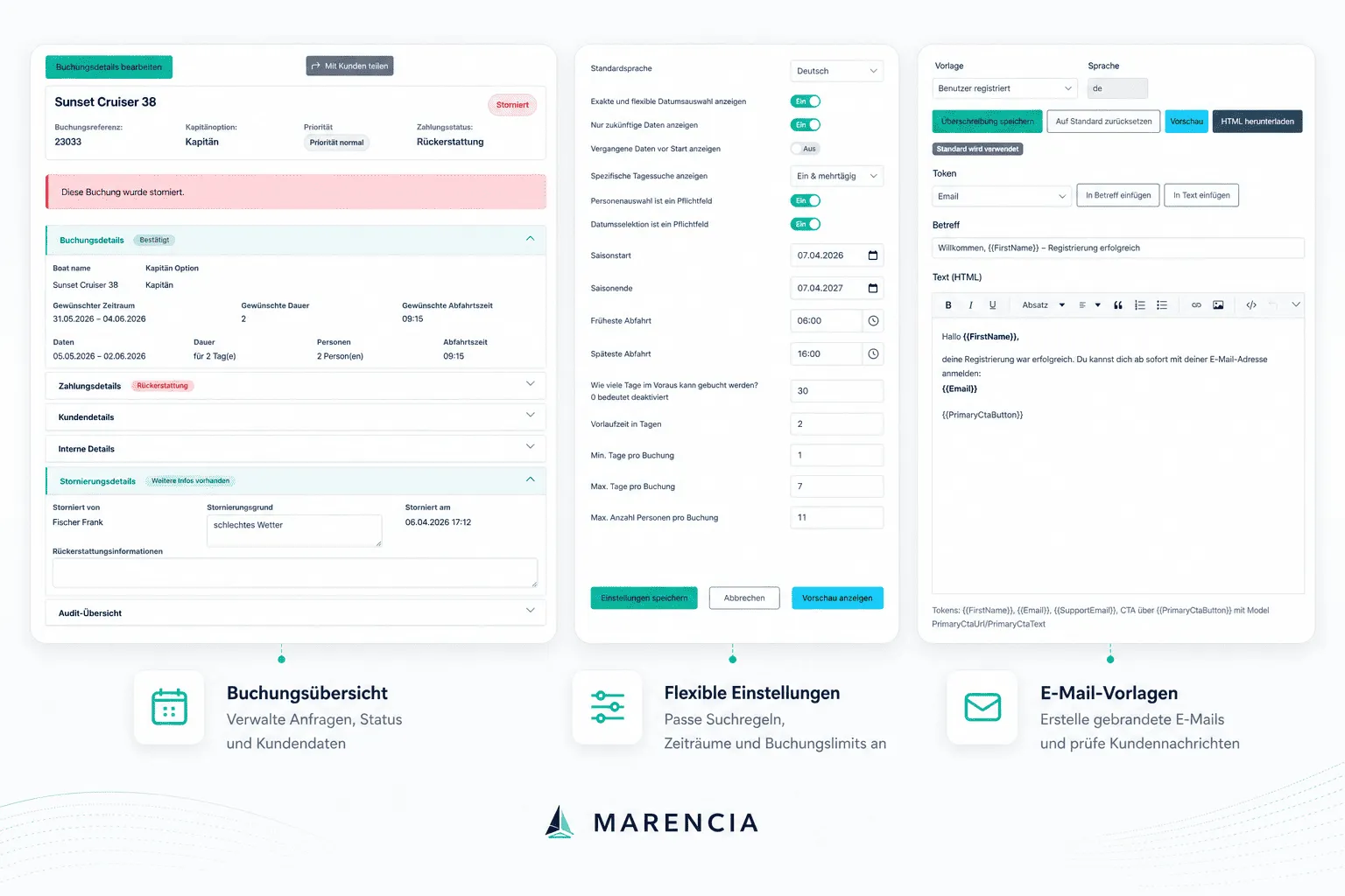 Marencia Funktionsübersicht — Buchungsübersicht, flexible Einstellungen und E-Mail-Vorlagen