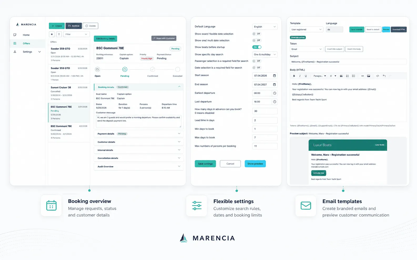 Marencia feature overview — booking overview, flexible settings and email templates
