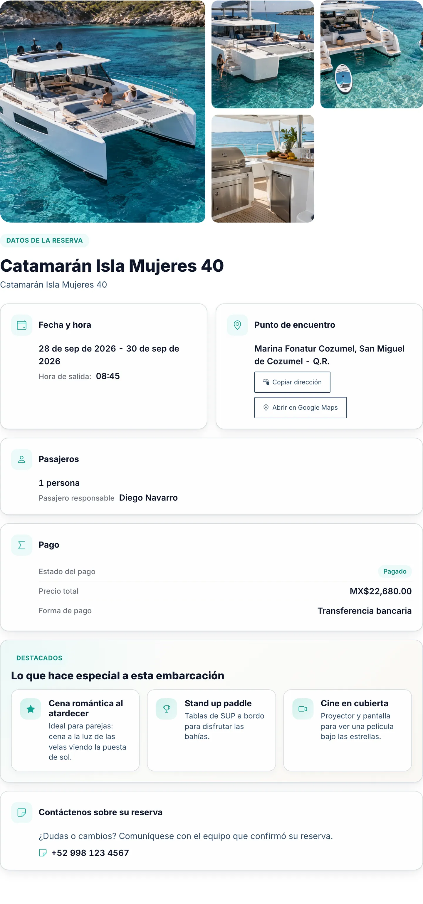 Página pública de detalle de la reserva