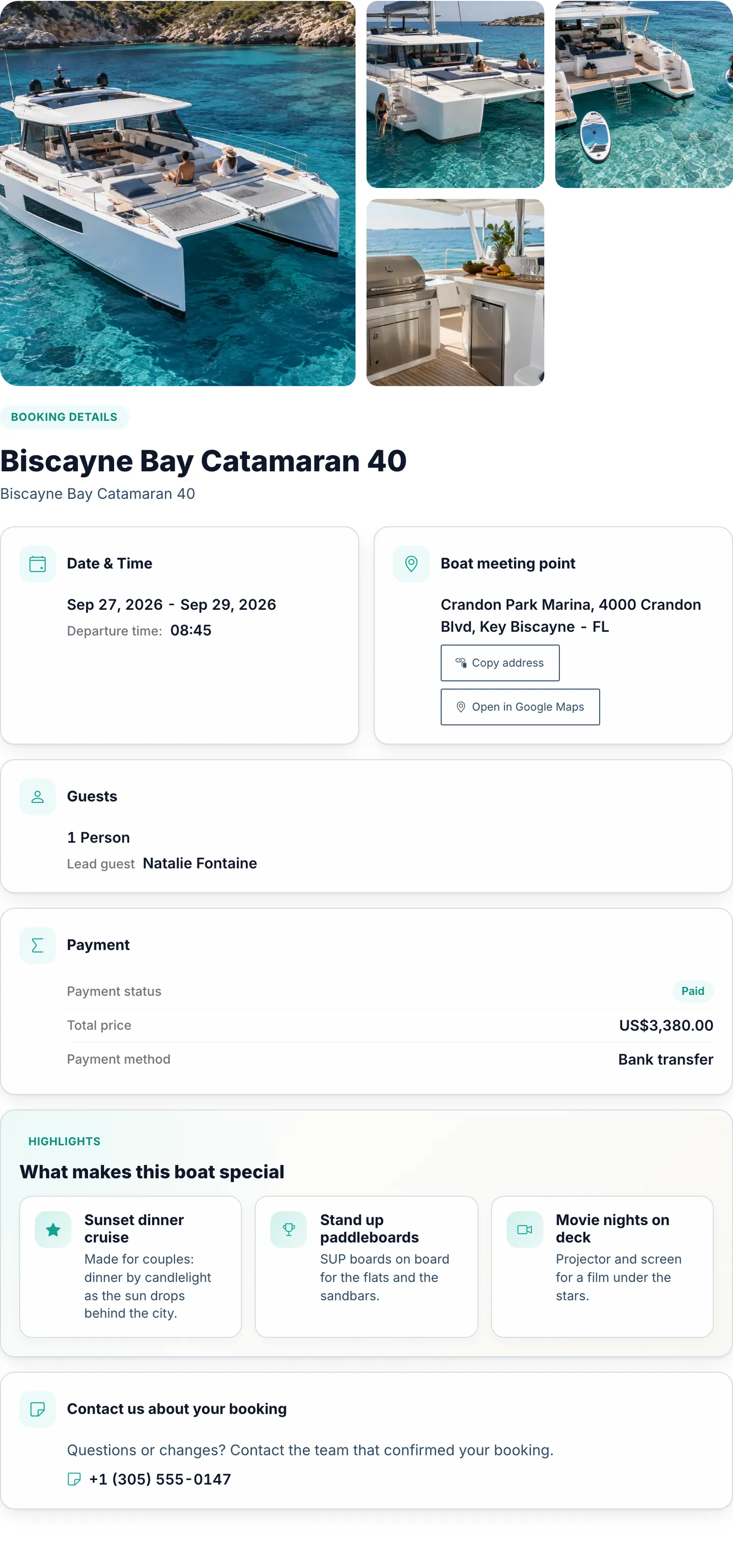 Customer booking detail page with boat photos, date and departure time, meeting point, guests and payment status